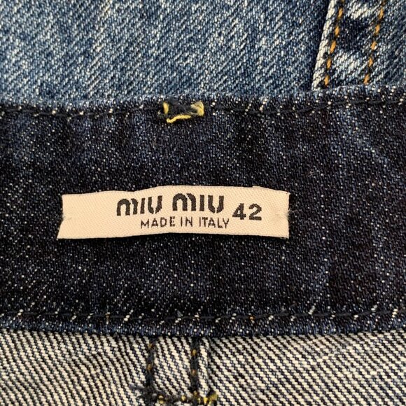 Miu Miu Distressed Denim Mini Skirt With Red & Blue Studded Pocket Accents - Picture 9 of 9